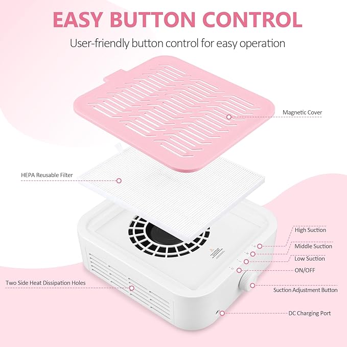 LIONVISON Nail Dust Collector for Salons: Vacuum Fan Dust Suction Machine for Beginners DIY - Manicure Pedicure Tool with Reusable Filter for Home