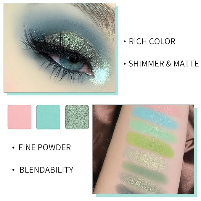 Erinde 9 Colors Eyeshadow Palette, Matte Shimmer Glitter Eye Shadow Palette Makeup, Highly Pigmented Long Lasting Waterproof, Natural Neutral Nude Eyeshadow Make Up Pallet, Blue Green