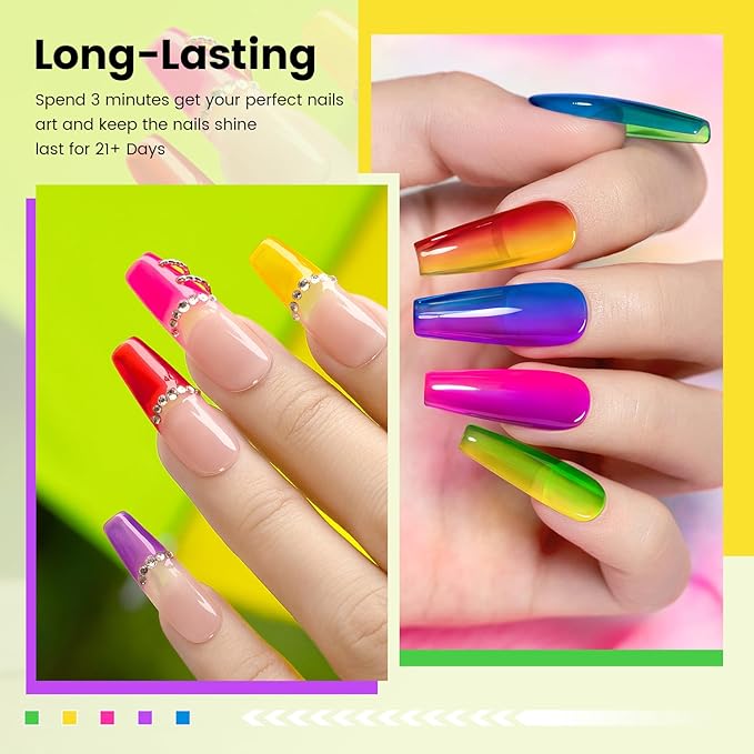 RARJSM Neon Jelly Gel Nail Polish Set 6pcs Clear Crytal Glass Yellow Blue Green Red Pink Purple Transparent Sheer Gel Varnish LED UV Curing Requires French Manicure Soad off Summer Iridescent Colors