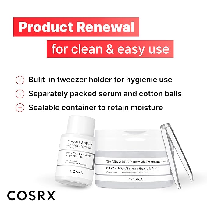 COSRX AHA 2% BHA 2% Blemish Treatment Serum, 60+ Pure Cotton Balls, Quick & Easy Daily Spot Treatment, Blackheads & Whiteheads, Sebum Control, Paraben Free, Phthalates Free, Korean Skin Care