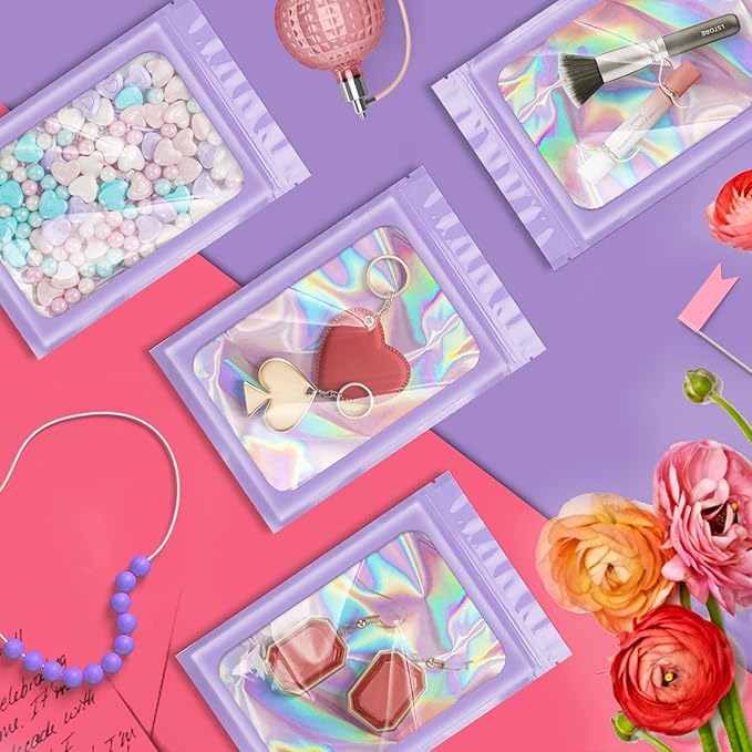 100 Pieces Smell Proof Mylar Bags, Holographic Packaging Bags, Resealable Odor Foil Pouch Zipper Bag with Clear Window for Food Storage and Lipgloss, Jewelry Lash (Purple, 3 x 4.7 Inch)