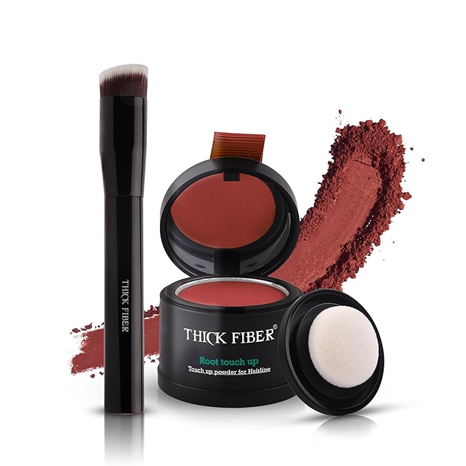 THICK FIBER Root Touch Up and Hairline Concealer for Thinning Hair Women - Water & Sweat Resistant Hair Loss Powder Set, Includes Brush (Red Brown)