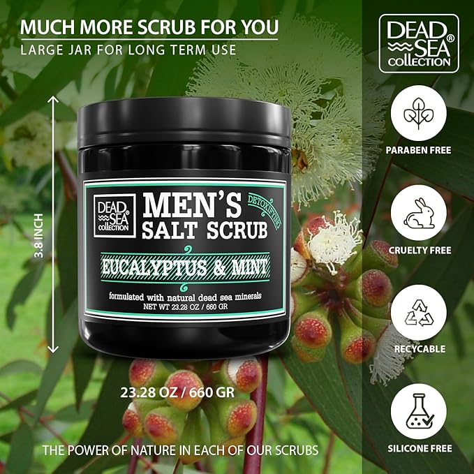 Salt Body Scrub Eucalyptus & Mint For Men– Moisturizes, Exfoliates & Nourishes Skin – Cleanses & Detoxifies with Dead Sea Minerals – Dead Sea Collection - 23.28 OZ