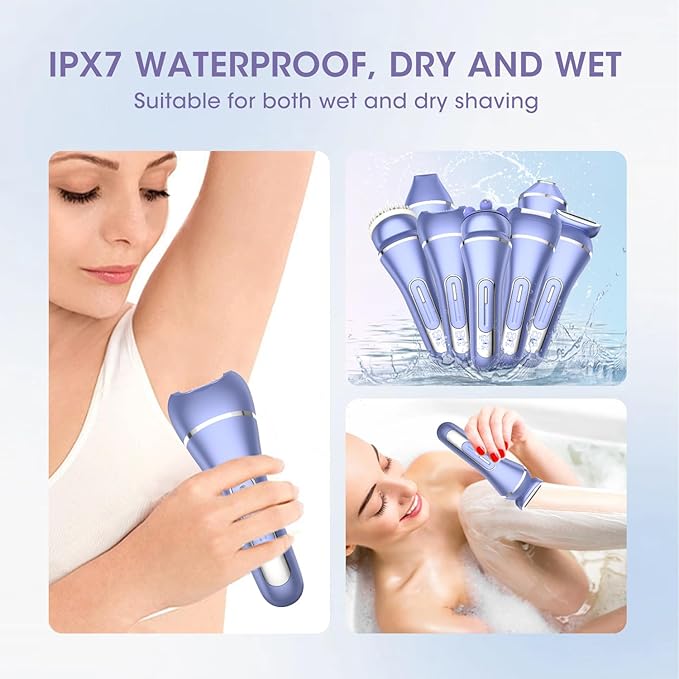 Electric Shavers for Women, 7 in 1 Hair Removal Kit with Epilator Bikini Trimmer Face Razor Body Brush Face Massager Foot Callus Remover, IPX7 Waterproof Lady Razors Set for Legs Armpit Bikini Pubic