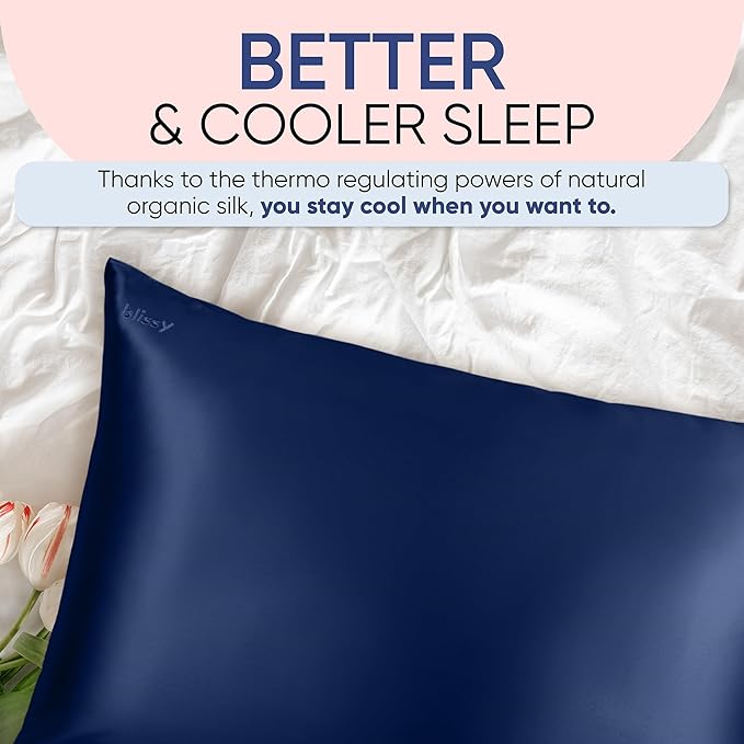 Blissy Silk Pillowcase - 100% Pure Mulberry Silk - 22 Momme 6A High-Grade Fibers - Silk Pillow Cover for Hair & Skin - Regular, Queen & King (Blue, Queen)