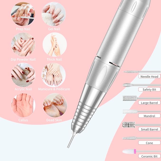 Portable Nail Drill Professional 35000 RPM, MOCOWIND Rechargeable Electric Nail File Machine E File for Acrylic Gel Polishing Removing, Cordless E-File with Bits Kit for Manicure Salon Home,Pink
