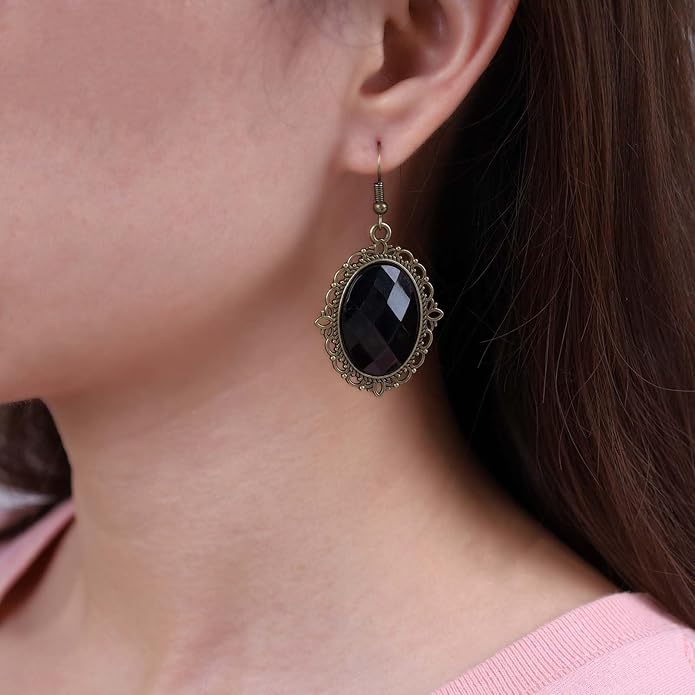 Vintage Black Crystal Drop Earrings Oval Onyx Dangle Earrings Large Onyx Stud Earrings Black Gem Hook Earrings Jewelry for Women and Girls