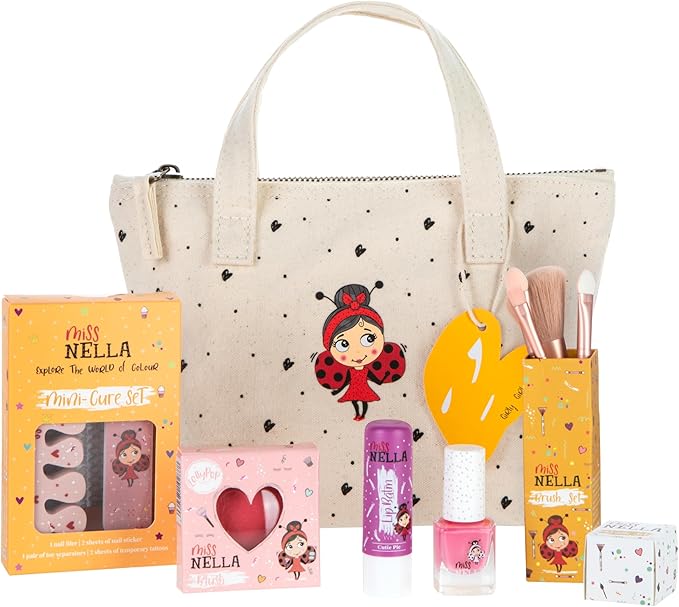MISS NELLA Kids Makeup & Nail Polish Set for Little Girly Girls, Safe and Fun Gift - Hypoallergenic, Dermatologically Tested Kid-Friendly, Non-Toxic, Cosmetic Bag Included – Special Edition