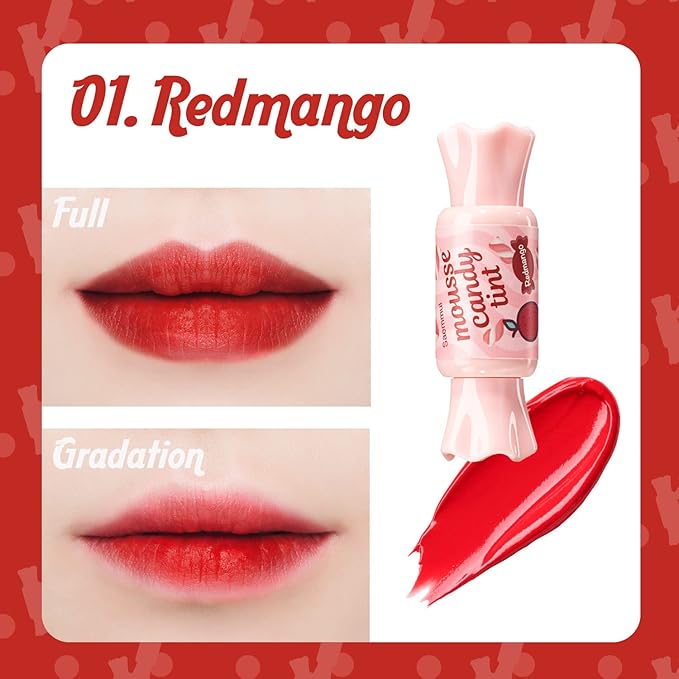 THESAEM Saemmul Mousse Candy Tint #1 Redmango Mousse - High Pigment Matte Finish Long Lasting Lip Stain with Honey Extracts to Hydrate Lips - Weightless & Smudge-Proof, 0.3 fl.oz.