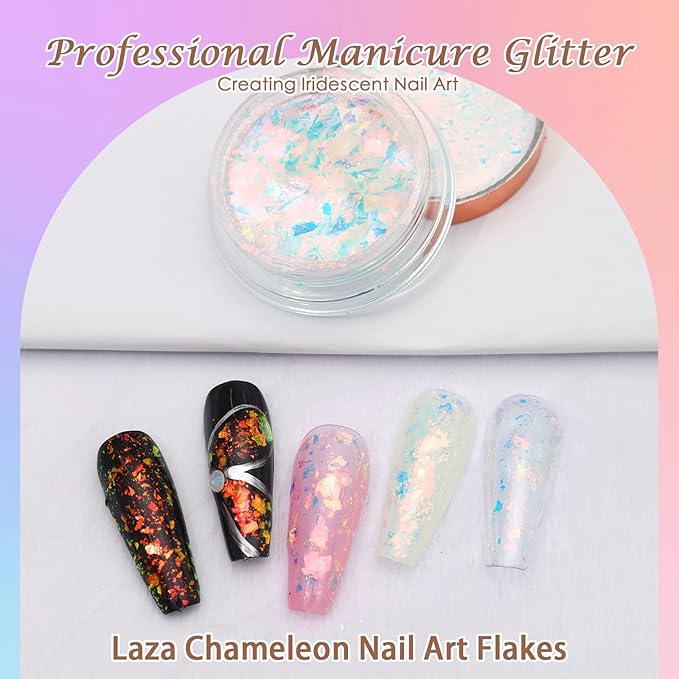Laza Golden Fall Chameleon Flakes Nail Glitter Irregular Opal Nail Foil Flakes Chunky Confetti Color-Shift Sequins Iridescent Fairy Dust for Mermaid Nails Design, Nail Decorations for Nail Art