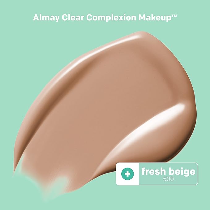 Almay Clear Complexion Acne Foundation Makeup with Salicylic Acid - Lightweight, Medium Coverage, Hypoallergenic, Fragrance-Free, for Sensitive Skin, 500 Fresh Beige, 1 fl oz.