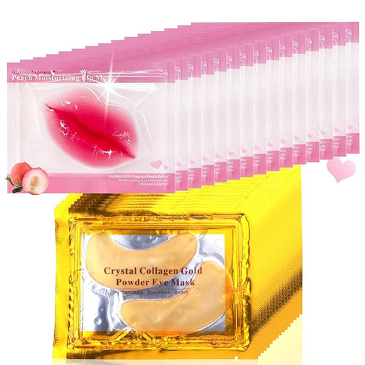 30 Pairs Lip Masks & 24K Gold Gel Eye Masks, Under Eye Collagen Patches and Crystal Gel Lip Masks Collagen Under Eye Mask for Dark Circles Puffiness and Wrinkles