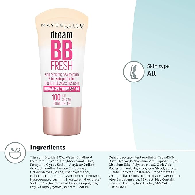 Maybelline Dream Fresh Skin Hydrating BB cream, 8-in-1 Skin Perfecting Beauty Balm with Broad Spectrum SPF 30, Sheer Tint Coverage, Oil-Free, Light, 1 Fl Oz