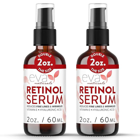 Retinol Serum by Eva Naturals - 2.5% Retinol Serum for Face with Hyaluronic Acid, Vitamin E & Organic Aloe - Retinol Face Serum that Reduce Wrinkles, Fine Lines & Dark Spots - Anti Aging Serum, 2 Pack
