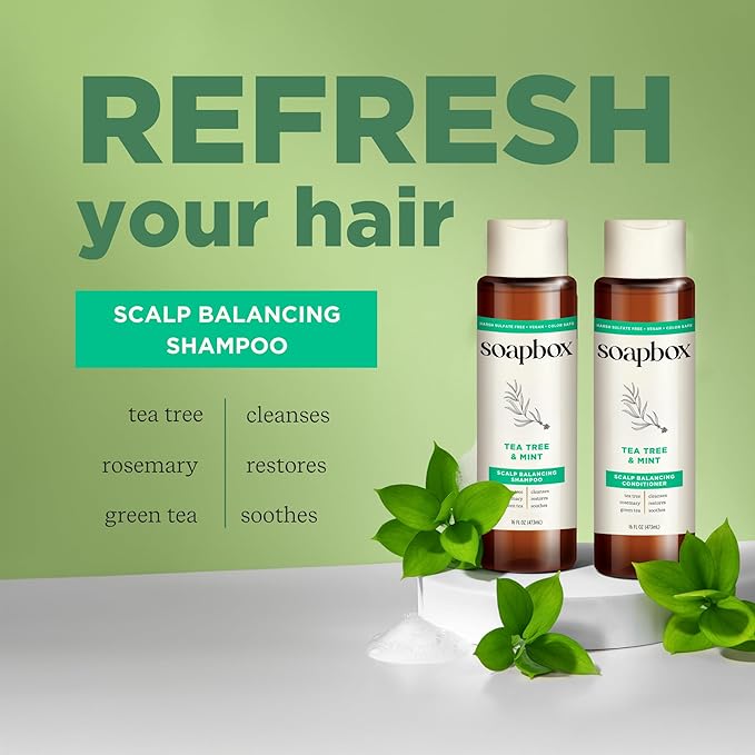 Soapbox Tea Tree Shampoo and Conditioner Set, Scalp Balancing with Tea Tree Oil, Jojoba Oil, Aloe and Shea Butter to Clean and Purify for All Hair Types, 16 Ounces Each (Pack of 2)