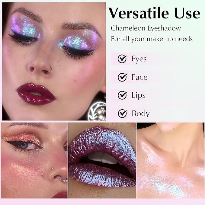 Pink Glitter Eyeshadow Palette, Multichrome Chameleon Cream to Powder Eye Shadow, Color Shifting Holographic Eyeshadow Shimmer Inner Corner Eye Brightener Highlighter Makeup