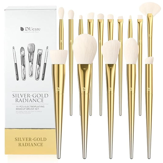DUcare Makeup Brushes 15Pcs Makeup Brush Set with Holder Premium Synthetic Powder Foundation Contour Blush Concealer Eye Shadow Blending Liner Make Up Brush Kit gold-silver
