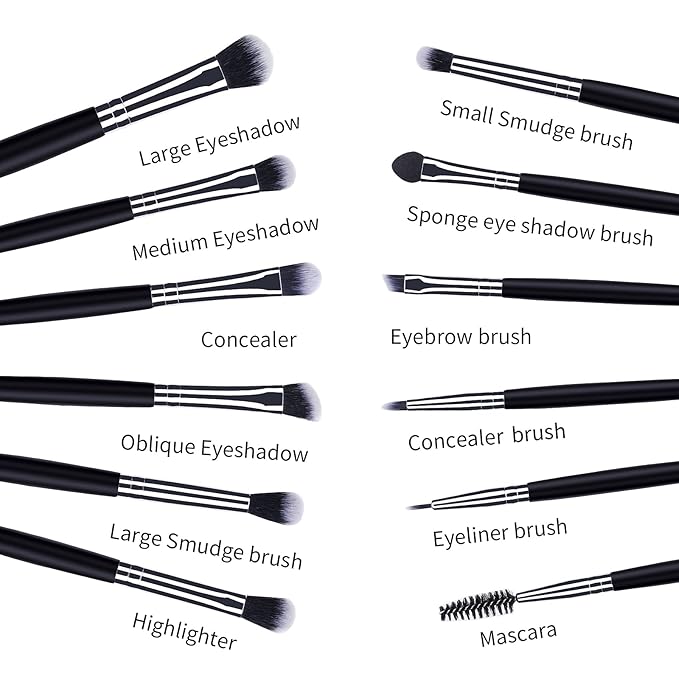 MSQ Eye Makeup Brushes 12pcs Eyeshadow Makeup Brushes Set with Soft Synthetic Hairs & Real Longer Wood Handle for Eyeshadow, Eyelash,Eyebrow, Eyeliner, Blending, Conclear(Black)