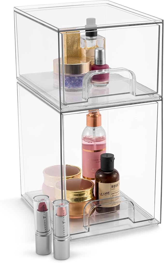 Sorbus Acrylic Storage Containers - 2 Pack, Stackable Storage Bins Set for Bathroom Organization - Clear Acrylic Drawer Organizers - Makeup Case Pull-Out Drawers (7.6’’ and 4.4’’ Tall)