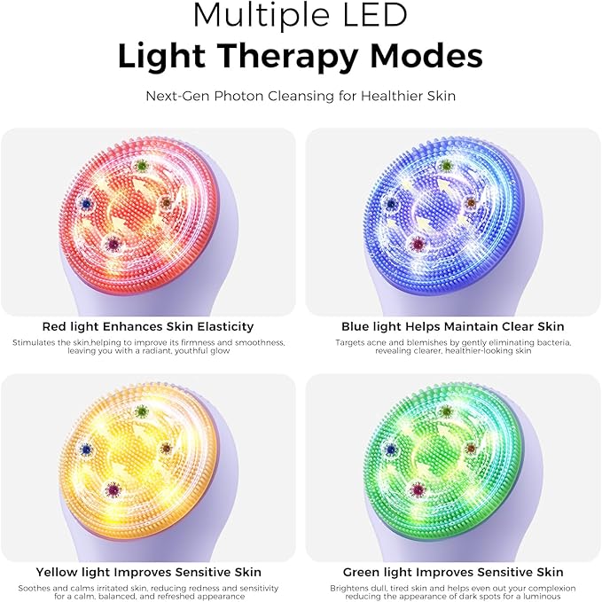 Facial Cleansing Brush: Rechargeable LED Electric Face Cleansing Brush with 4 Gentle Light Liquid Silicone Modes Face Scrubber Exfoliator,IPX7 Waterproof Ideal Gift for Men and Women-Purple
