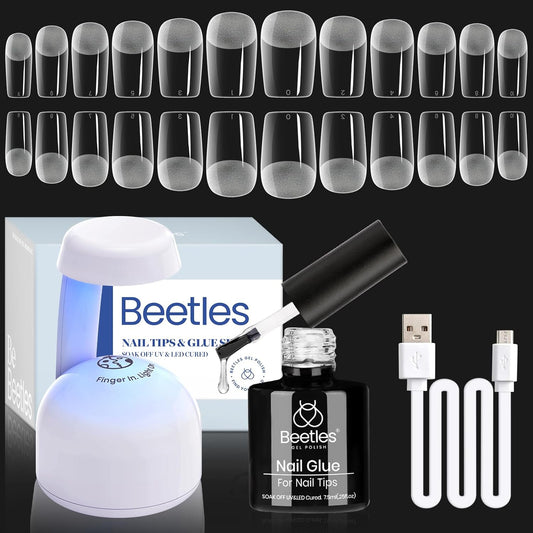Beetles Gel Nail Kit Easy Nail Extension Set 504Pcs Pre Filed Half Matte Short Square Soft Etch X Nail Tips with 5 in 1 Nail Glue Gel Uv Led Lamp Nail for Women