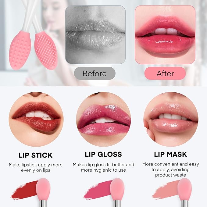 Unaone Lip Scrub Brush - 2 PCS Dual-ended Lip Scrubber Exfoliator and Silicone Lip Brush, 3-in-1 Silicone Lip Scrub Tool Lip Mask Applicator, Gentle Exfoliator & Applicator for Soft