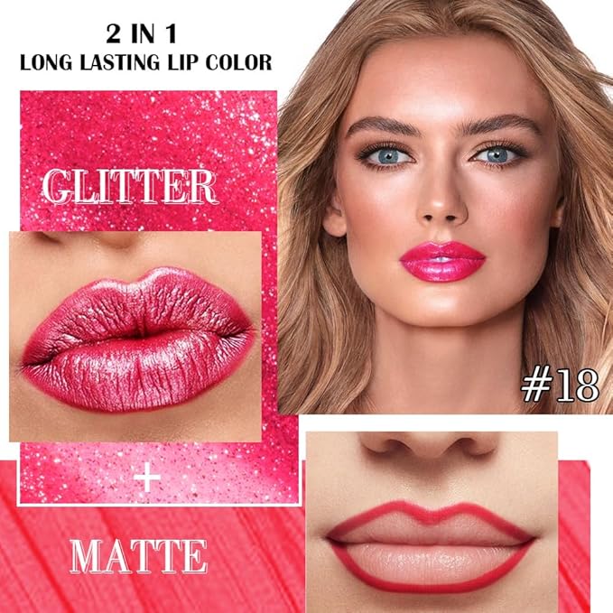 evpct Crushed Ruby Red Metallic Glitter Lip Liner and Lipstick Combo Lip Gloss Stain Set Makeup for Women Long Lasting Waterproof 24, Red Frosted Metallic Shimmer Glossy iridescent Liquid Lipstick 18