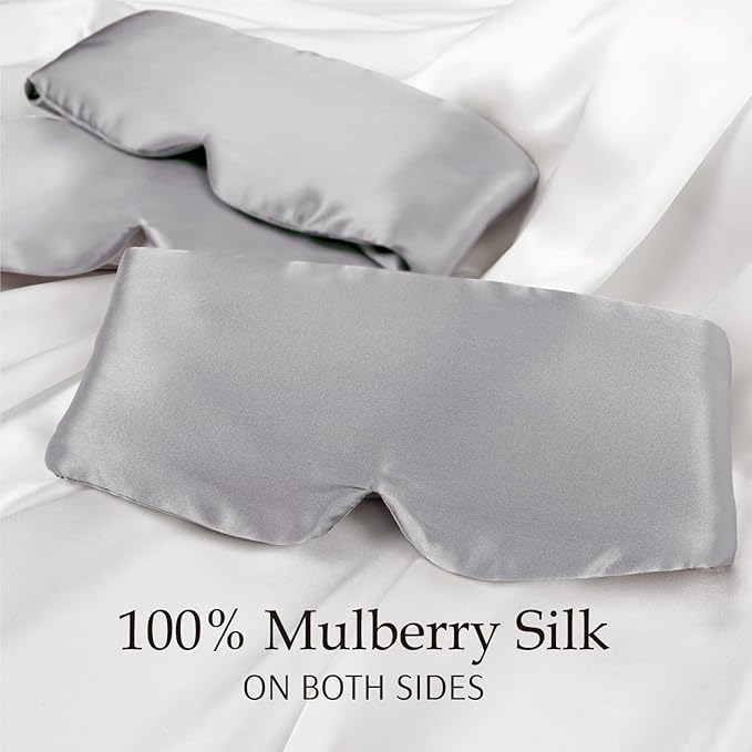 Zenssia 100% Mulberry Silk Sleep Mask Eye Mask for Man and Woman with Adjustable Headband, Full Size Large Sleep Mask & Blindfold for Total Blackout for All Night Sleep, Travel & Nap-Silvergrey