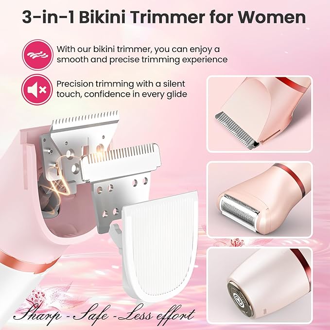 Bikini Trimmer Electric Razors for Women - 3 in 1 Electric Shaver for Women, Waterproof Pubic Hair Trimmers and Facial Hair Remover, Rechargeable Women's Grooming Kit