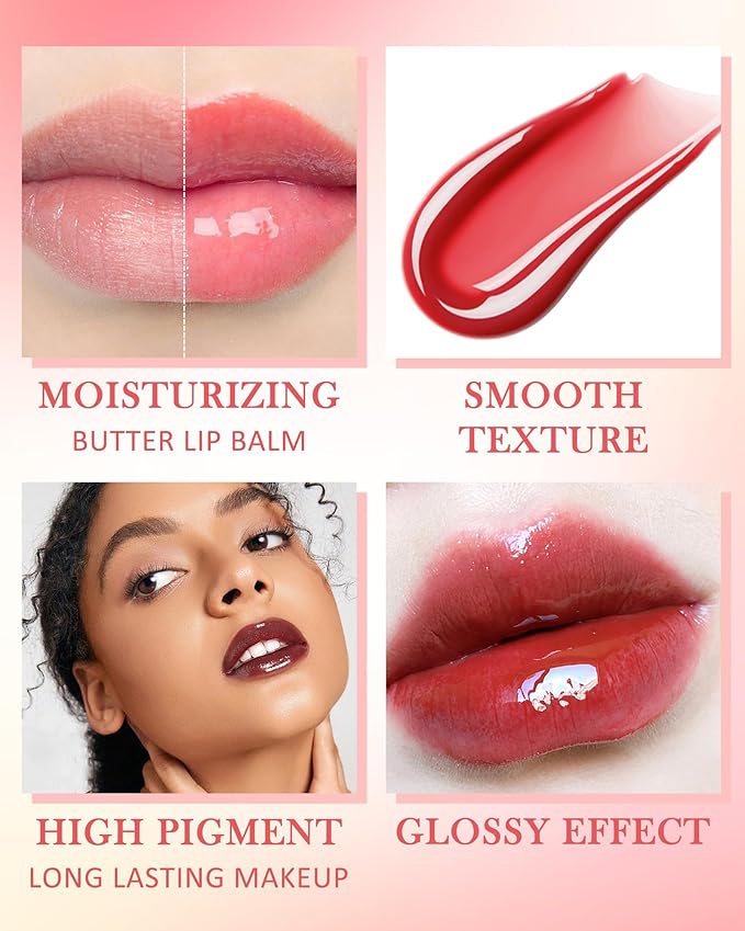 Tinted Lip Butter Balm-3 Colors Vanilla Beige Brown Poppy Pink Sugar Glossier Lip Gloss, Jelly Yummy Lip Stain Balm,Long Lasting Hydrating Non-Sticky Glow Reviver Fat Lip Care Oil for Women-Set B