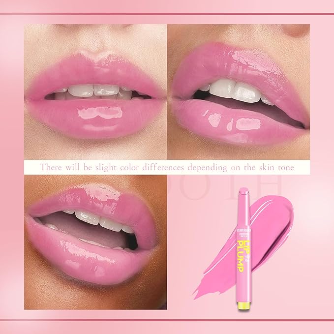 Lip Gloss Stick, Moisturizing Jelly Solid Lip Plump Oil Slick Click,Non Sticky Tinted Press Lipstick Pen, Lightweight Buildable Balm Liner Professional Makeup, High Shine Longlasting Glow-Pink