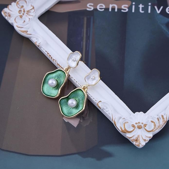 Vintage Lotus leaf Pearl Drop Earrings Green Lotus Leaf Earrings Green Enamel Flower Earrings Gold Irregular Pearl Earrings Jewelry for Women