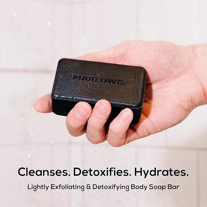 MARLOWE. No. 106 Charcoal Soap 7 oz (6 Bars) Body Bar Soap for Men, Cleansing, Purifying & Hydrating with Natural Extracts, Shea Butter, Olive Oil & Green Tea Extracts, Fresh Woodsy Scent