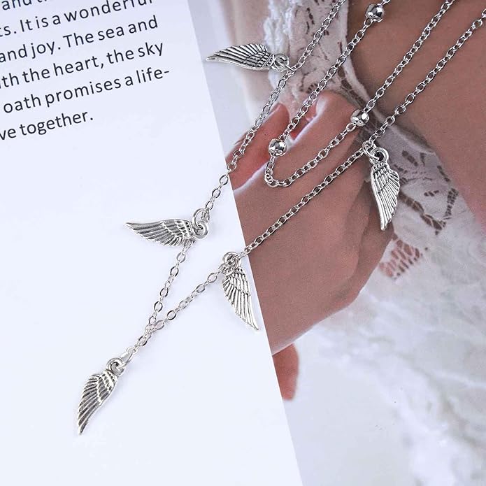Vintage Layered Wing Dangle Necklace Angel Wing Pendant Necklace Tiny Wing Choker Necklace Silver Angel Wing Necklace Jewelry for Women