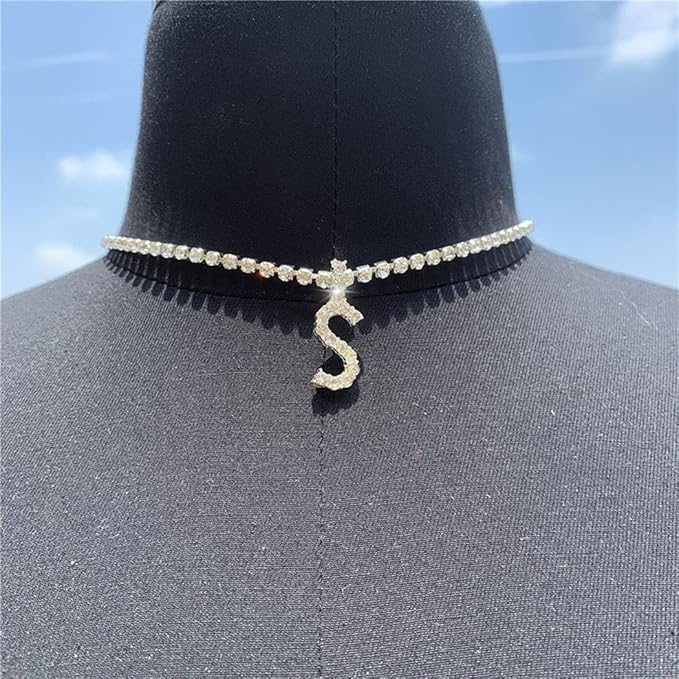 Silver Choker Necklace Rhinestones Shinning Letter M Fashion Letter A Sparkly Letter S Jewelry for Women Girls