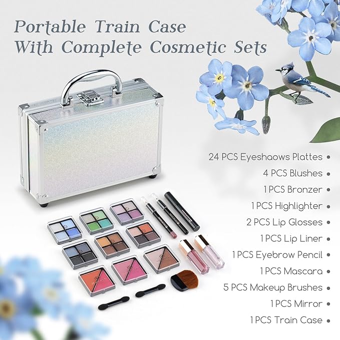 Color Nymph Beginner Makeup Kits For Teens With Train Case Included Full Makeup Kit Eyeshadow Palette Blushes Bronzer Highlighter Lipstick Brushes Mirror (White)