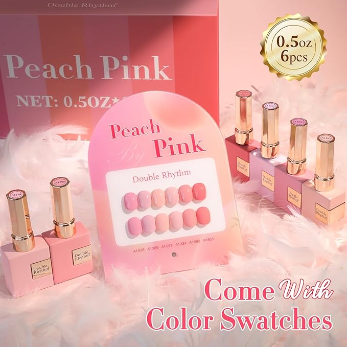 Double Rhythm 6 Pcs 15 ML Gel Polish Set Same Color Same Bottle Soak Off Gel Polish Kit Nail Art Manicure Salon DIY at Home for Women (Light Pale Peach Pink Orange Rose-T6-19)
