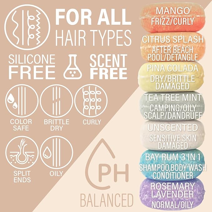 Unscented Shampoo Bar for all hair types is Vegan, Sulfate Free and Made in USA. Get up to 60 Washes at Home or use as a Travel Shampoo. Great for strenghtening shampoo for sensitive skin.