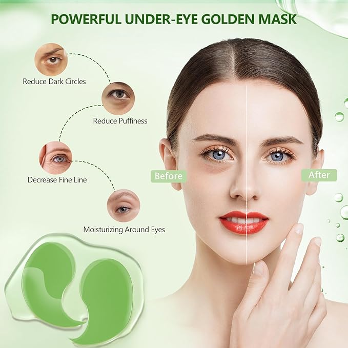 60 Pcs Green Under Eye Patches with 5 Pieces Travel 24K Gold Eye Mask, 30 Pairs Undereye Mask for Dark Circles Puffy Eye Treatment, Collagen Gel Pads Hydrating for Eye Bag Puffiness Wrinkle
