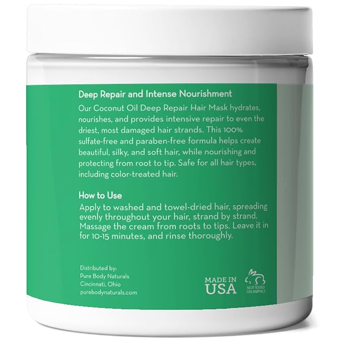 Pure Body Naturals Coconut Oil Hair Mask, Deep Conditioning Hair Treatment for Dry Damaged and Color Treated Hair, Sulfate Free Hair Conditioner, Moisturizes, Repairs, 8.8 Fl Oz