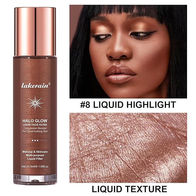 Natural Glow Liquid Filter Makeup, Longwear Face Luminizer, Complexion Booster For Any Part of the Body, Liquid Highlighter with Brush Kit, Infused Hyaluronic Acid, 1.06 fl oz (#08 RICH)