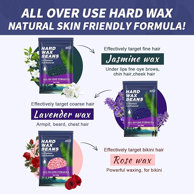 Waxing Kit for Women Men - Wax Kit for Hair Removal with Silicone Bowl,4 Bags Hard Waxing Beads and 30 Sticks - at Home Use Wax Warmer for Full Body, Bikini, Eyebrow, Face, Sensitive Skin