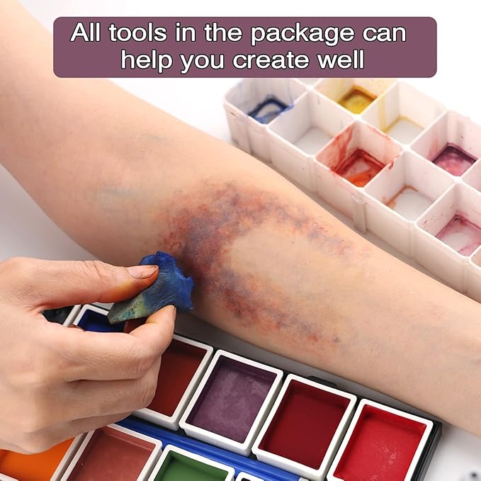 Depvision Alcohol Activated Face Paint SFX Makeup 12 color for Special Effects Wound Bruise Waterproof Professional Makeup Artist with Color Palette Sponges Brushes Skin Illustrator