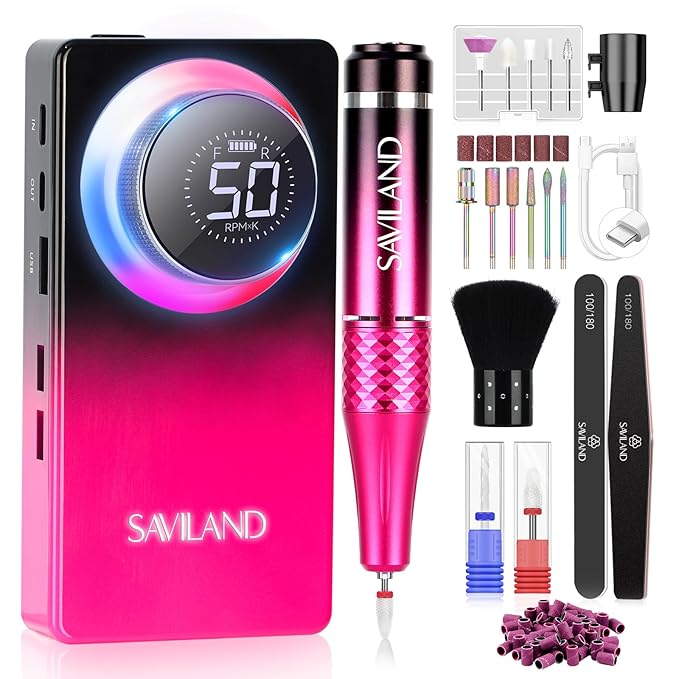 SAVILAND Electric Nail Drill 50000 RPM: Cordless Electric Nail File 10 H Battery Life Rechargeable Nail Drill Kit with Ceramic Drill Bits for Acrylic Nail Removal Ambient Light Black and Pink Ombre