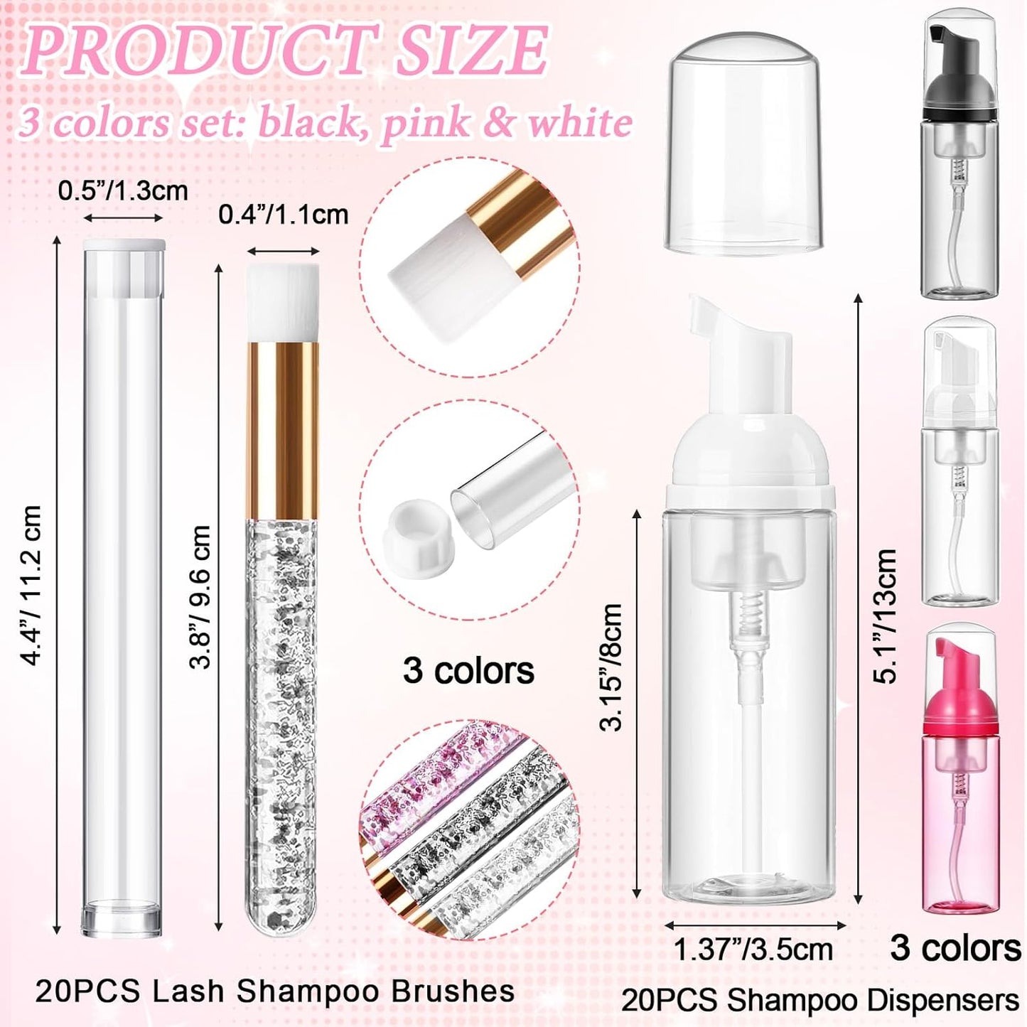 Zhehao 80 Pcs Lash Shampoo Bottle Brushes Kit 20 Foam Pump Dispensers 20 Lash Shampoo Brushes 20 Eyelash Aftercare Bag 20 Cleaning Pipes, Eyelash Extension Supplies(Colorful)