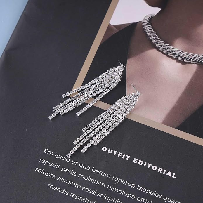 Vintage Rhinestone Chandelier Tassel Earrings Crystal Chain Drop Earrings Gold Long Tennis Chain Earrings Shine Chandelier Bridal Earrings Jewelry for Women