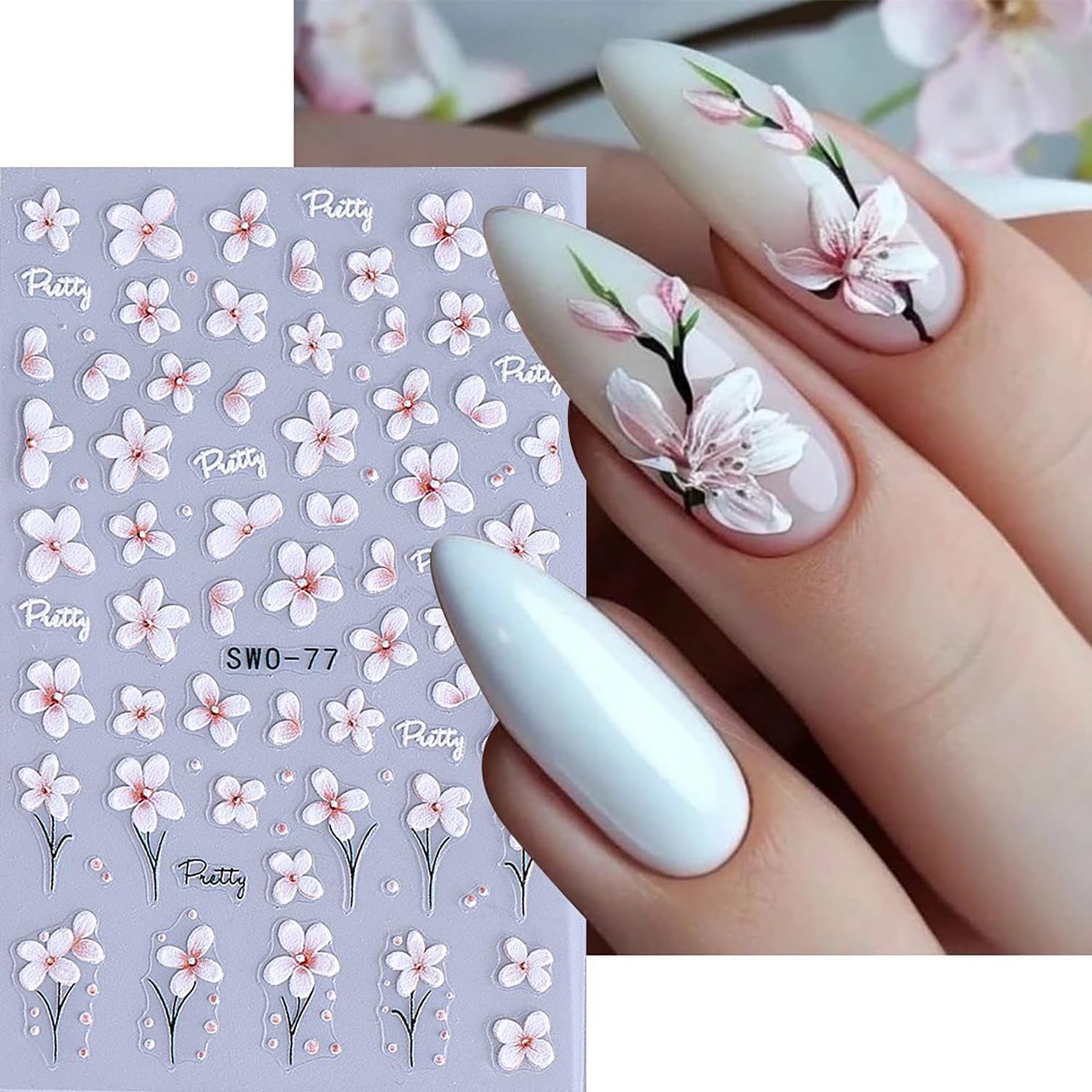 6 Sheets Flower Nail Art Stickers Rose Daisy Nails Art Decals 3D Self-Adhesive Nails Sticker Holographic Stereo Blossom Decal Decoration for Women Wreath Manicure Stickers DIY Nail Supplies