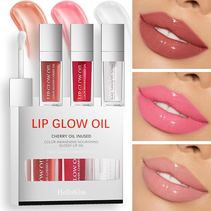 Lip Glow Oil Long Lasting Plumping Transparent Lip Balm Moisturizing Lip Oil Repairing Lip Lines and Prevents Dry Cracked for Lip Care and Dry Lips (Set-C)