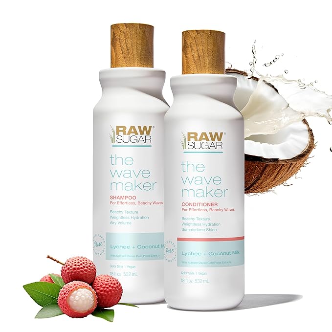Raw Sugar Shampoo and Conditioner Set, The Wave Maker Hair Care Duo, 18 Fl Oz Each, Enhances Texture, Volume & Shine for Soft, Natural Wavy Curls, No Sulfates & Parabens, Color Safe, Vegan