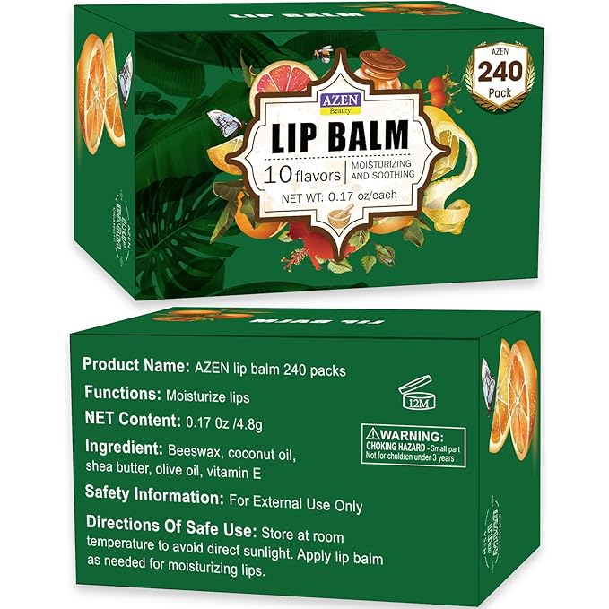 AZEN 240 Pack Lip Balm, Natural Lip Balm Bulk, Lip Care Product, Moisturizing Lip Balm for dry cracked lips - 10 Flavors